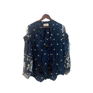 Miss June‎ Paris Blouse OS Peasant Tassel Butterfly Whimsy Boho Navy Blue